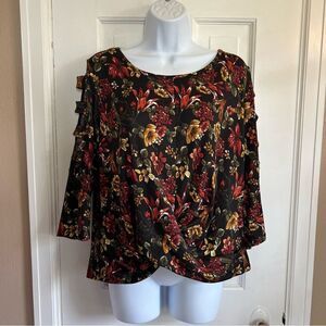 by & by Black Floral Blouse with Red and Yellow Accents